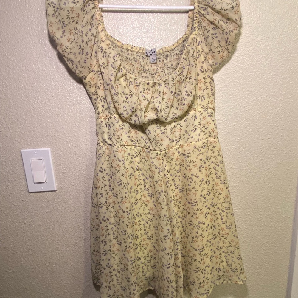 Floral Yellow Sundress Romper with Puff Sleeves